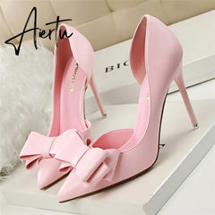 Aiertu Fashion Delicate Sweet Bowknot High Heel Shoes Side Hollow Pointed Women Pumps Pointed Toe 10.5CM thin Dress Shoes Aiertu