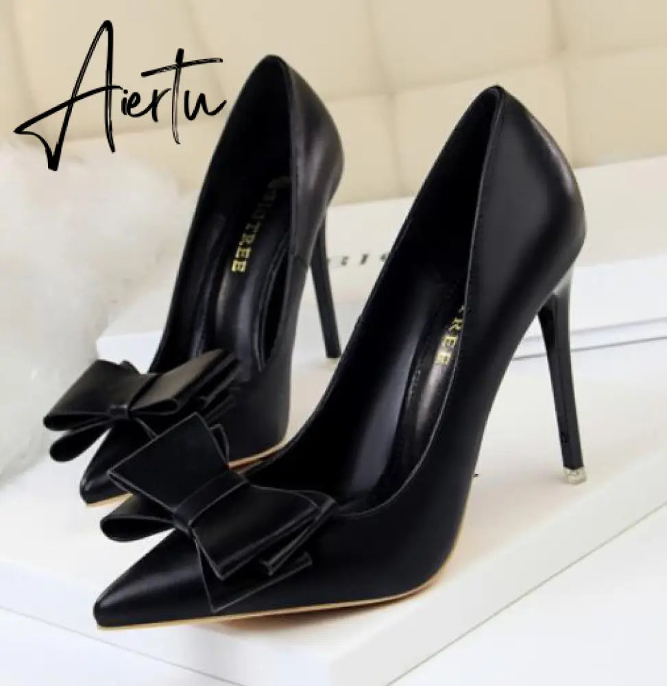 Aiertu Fashion Delicate Sweet Bowknot High Heel Shoes Side Hollow Pointed Women Pumps Pointed Toe 10.5CM thin Dress Shoes Aiertu