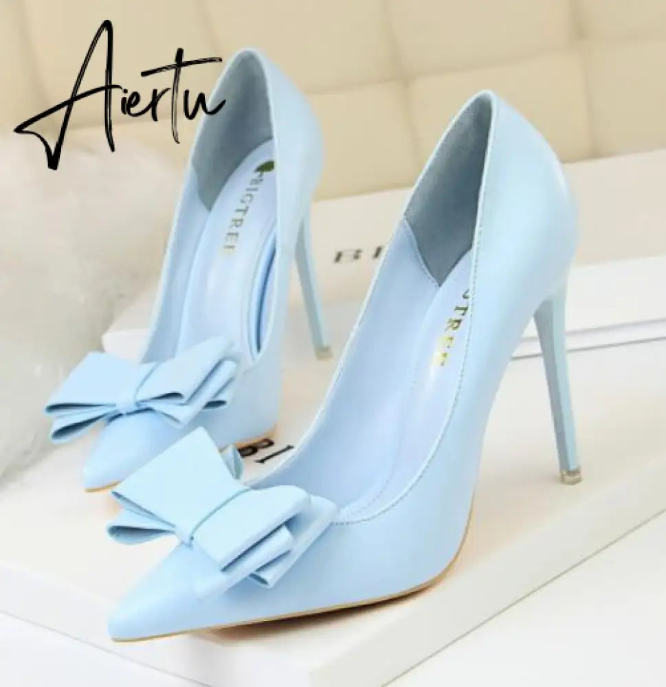 Aiertu Fashion Delicate Sweet Bowknot High Heel Shoes Side Hollow Pointed Women Pumps Pointed Toe 10.5CM thin Dress Shoes Aiertu