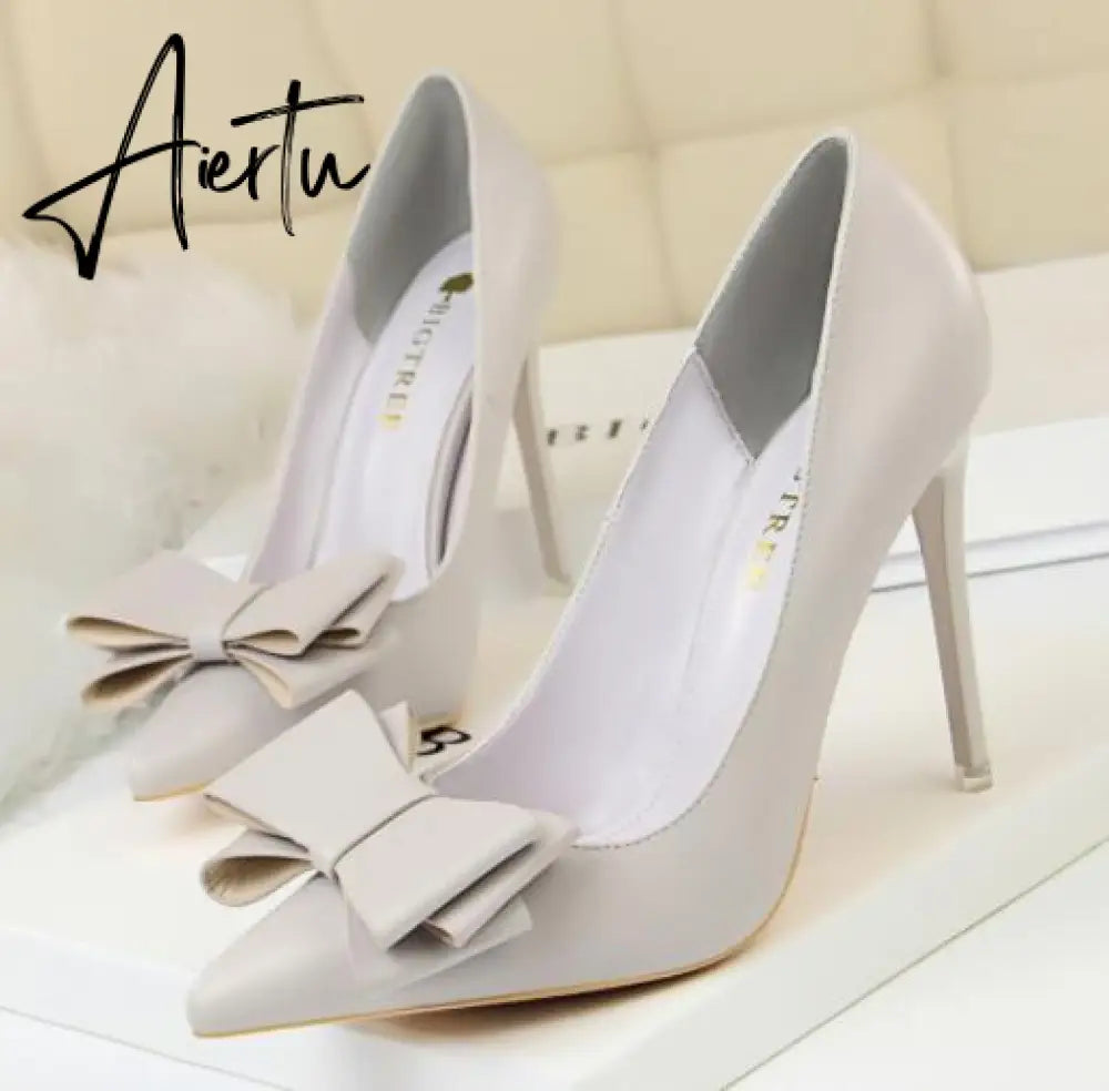 Aiertu Fashion Delicate Sweet Bowknot High Heel Shoes Side Hollow Pointed Women Pumps Pointed Toe 10.5CM thin Dress Shoes Aiertu