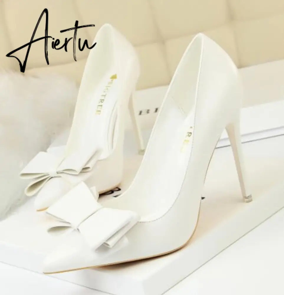 Aiertu Fashion Delicate Sweet Bowknot High Heel Shoes Side Hollow Pointed Women Pumps Pointed Toe 10.5CM thin Dress Shoes Aiertu