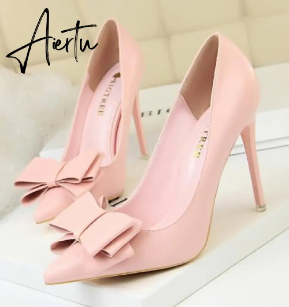 Aiertu Fashion Delicate Sweet Bowknot High Heel Shoes Side Hollow Pointed Women Pumps Pointed Toe 10.5CM thin Dress Shoes Aiertu