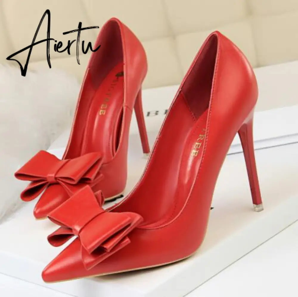 Aiertu Fashion Delicate Sweet Bowknot High Heel Shoes Side Hollow Pointed Women Pumps Pointed Toe 10.5CM thin Dress Shoes Aiertu