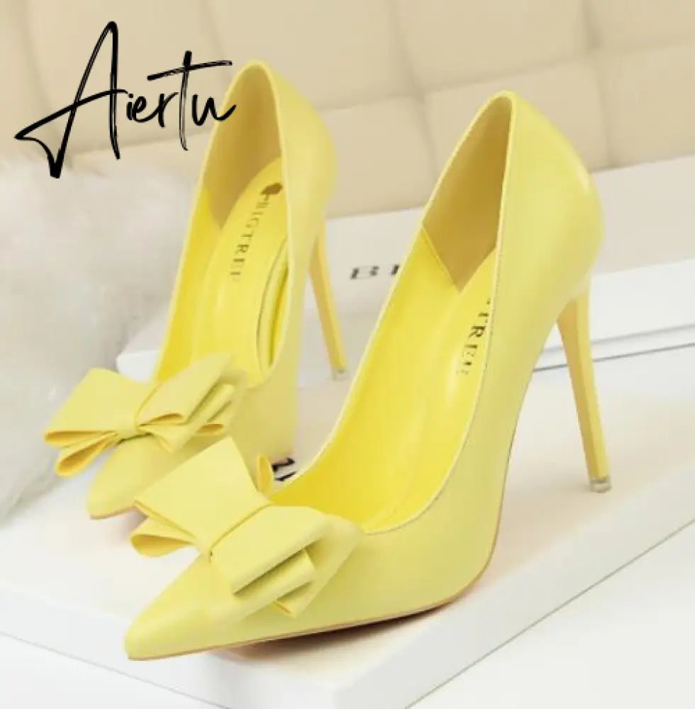 Aiertu Fashion Delicate Sweet Bowknot High Heel Shoes Side Hollow Pointed Women Pumps Pointed Toe 10.5CM thin Dress Shoes Aiertu