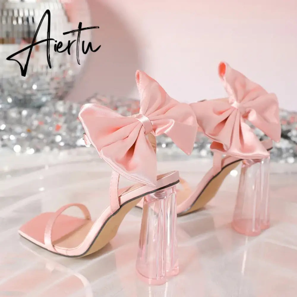 Aiertu  Fashion Design Pink Silk Bowknot Sandals Female Sexy Square Toe Buckle Strap Summer Shoes Women Strange Transparent Heels Aiertu