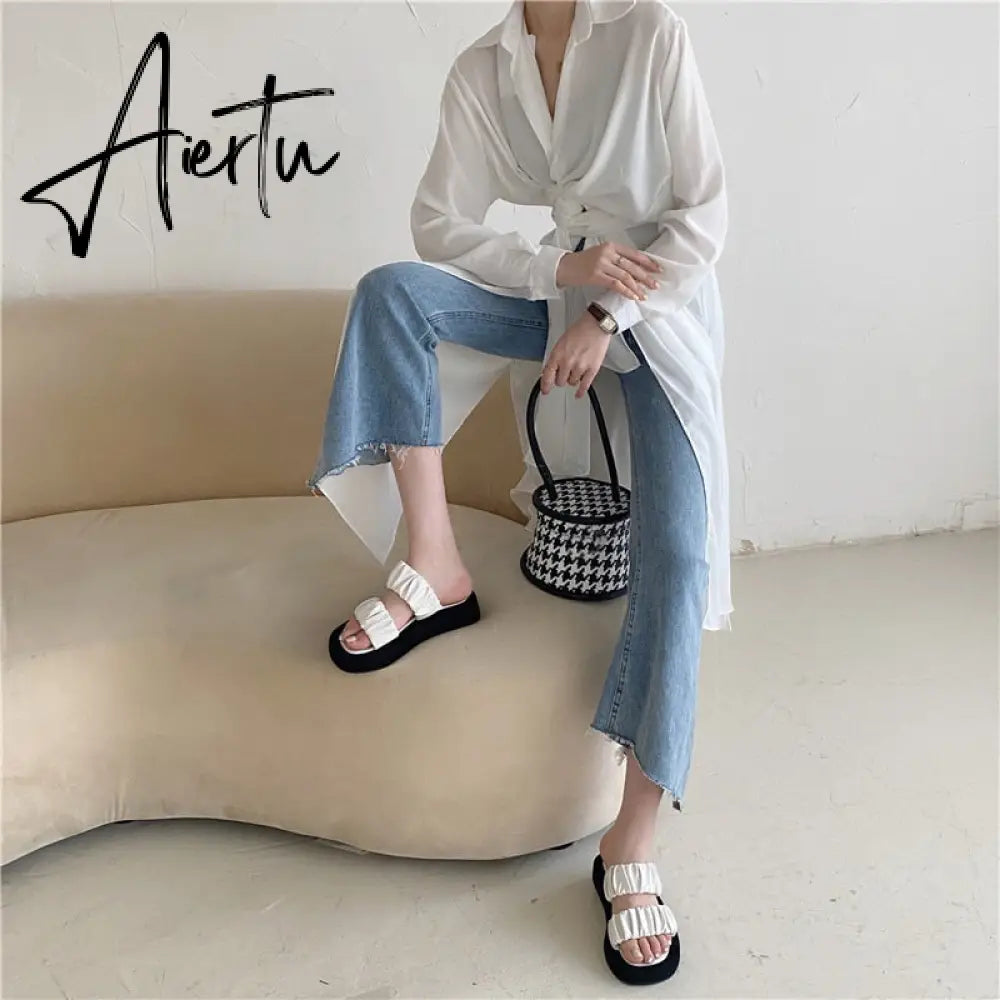 Aiertu Fashion Design Pleated PU Leather Woman Flat Shoes Summer Outdoor Beach Slippers Gladiator Sandals Womens Slides Aiertu