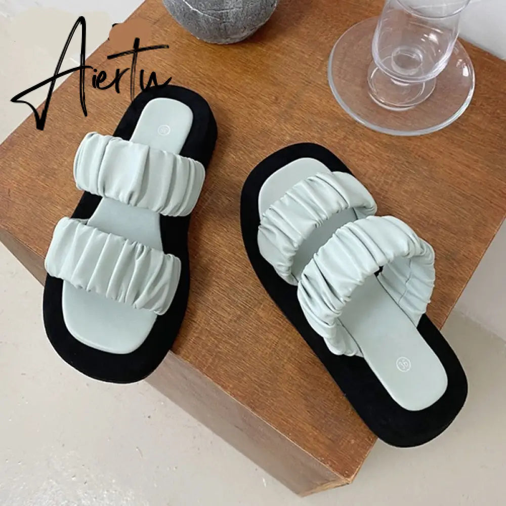 Aiertu Fashion Design Pleated PU Leather Woman Flat Shoes Summer Outdoor Beach Slippers Gladiator Sandals Womens Slides Aiertu