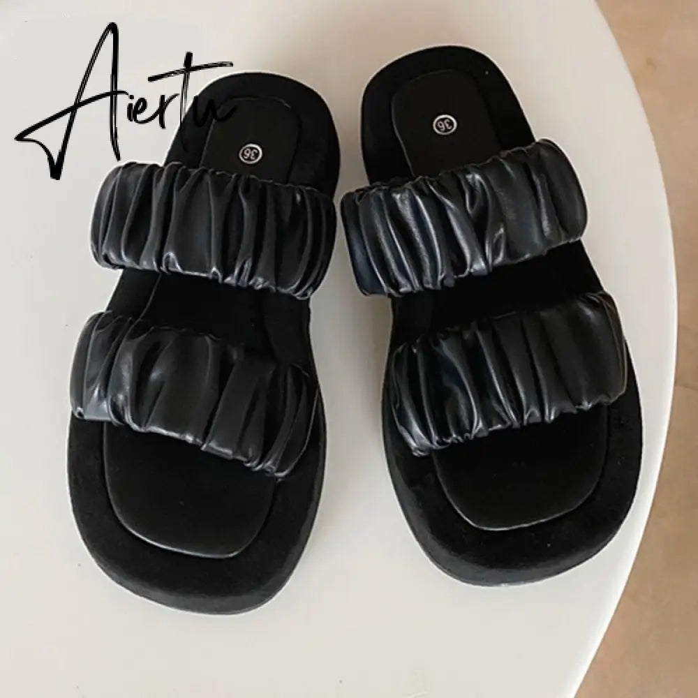Aiertu Fashion Design Pleated PU Leather Woman Flat Shoes Summer Outdoor Beach Slippers Gladiator Sandals Womens Slides Aiertu