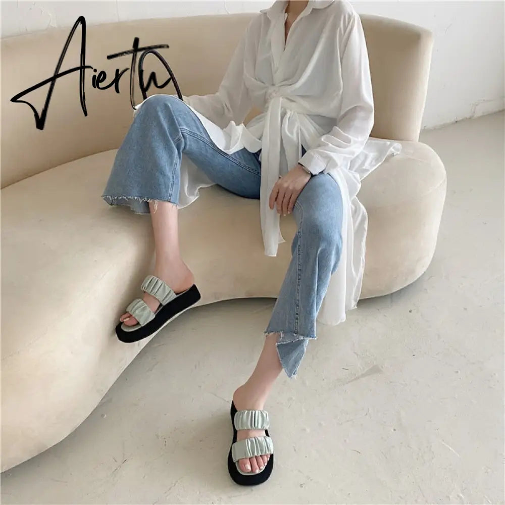 Aiertu Fashion Design Pleated PU Leather Woman Flat Shoes Summer Outdoor Beach Slippers Gladiator Sandals Womens Slides Aiertu