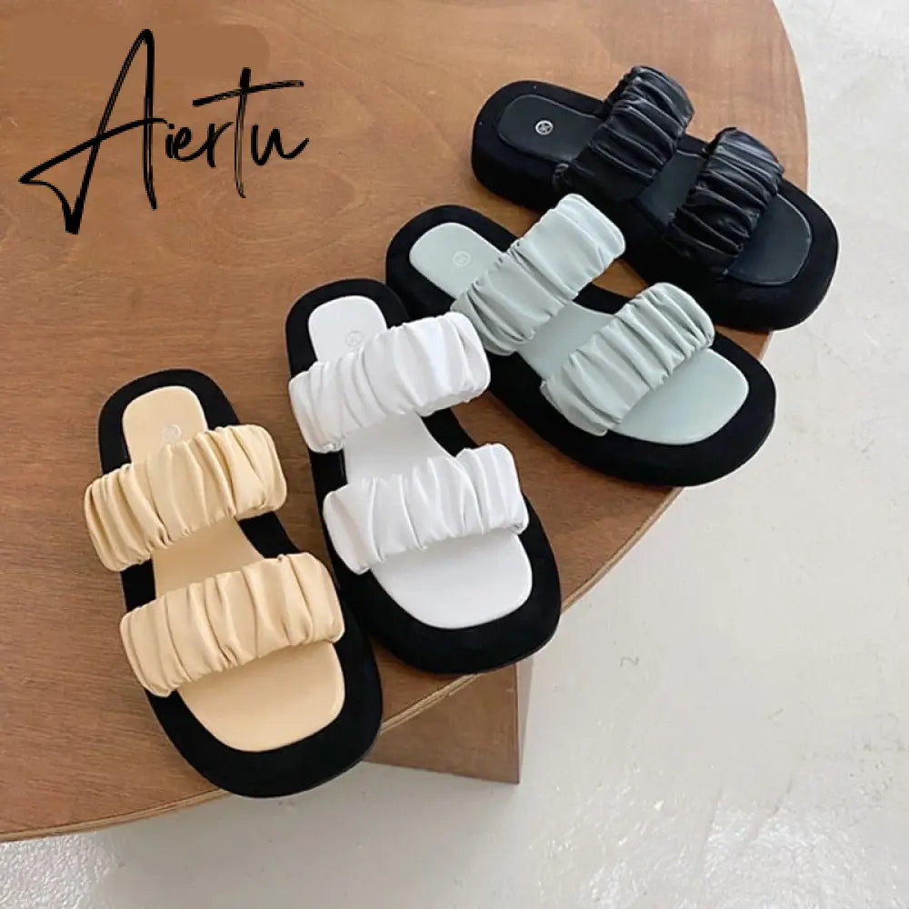 Aiertu Fashion Design Pleated PU Leather Woman Flat Shoes Summer Outdoor Beach Slippers Gladiator Sandals Womens Slides Aiertu