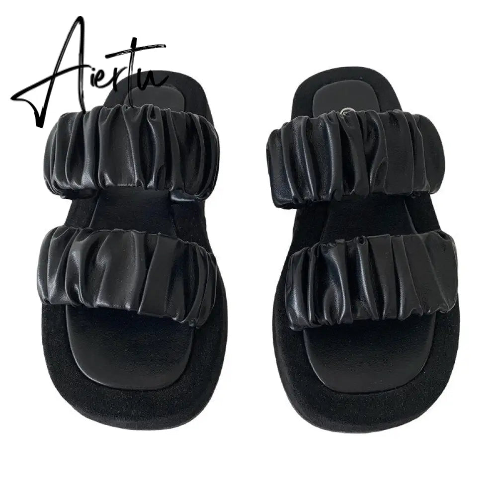 Aiertu Fashion Design Pleated PU Leather Woman Flat Shoes Summer Outdoor Beach Slippers Gladiator Sandals Womens Slides Aiertu