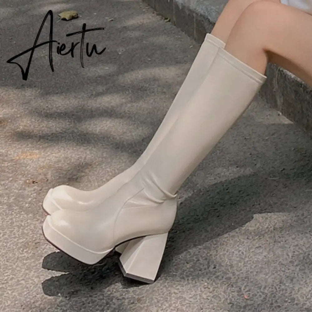 Aiertu Fashion Female Super High Heels Long Boots PU Leather Zipper Shoes New Autumn Women Pumps Ladies Knee High Motorcycle Boots Aiertu