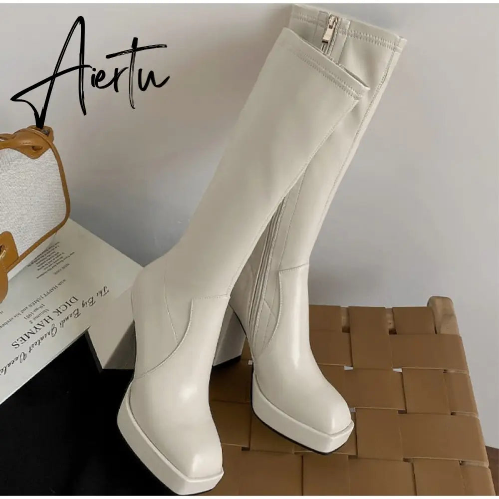 Aiertu Fashion Female Super High Heels Long Boots PU Leather Zipper Shoes New Autumn Women Pumps Ladies Knee High Motorcycle Boots Aiertu