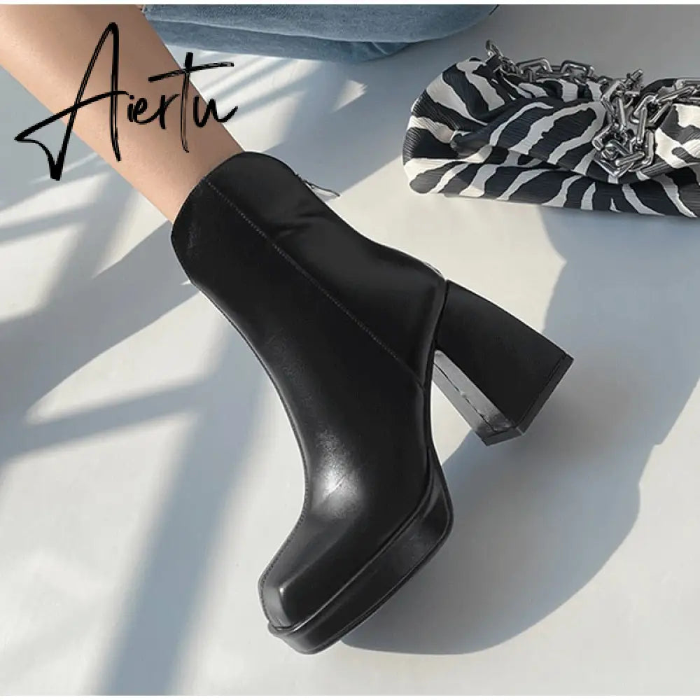 Aiertu Fashion Female Super High Heels Long Boots PU Leather Zipper Shoes New Autumn Women Pumps Ladies Knee High Motorcycle Boots Aiertu