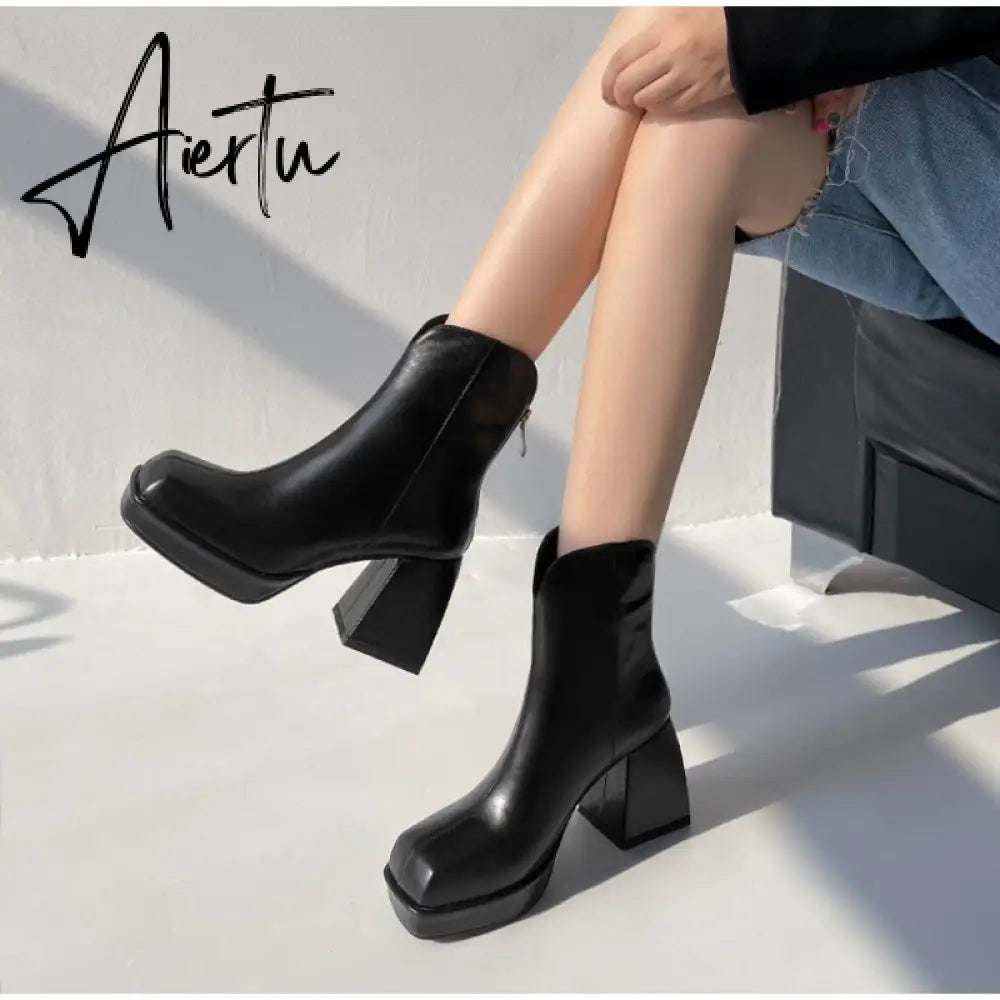 Aiertu Fashion Female Super High Heels Long Boots PU Leather Zipper Shoes New Autumn Women Pumps Ladies Knee High Motorcycle Boots Aiertu