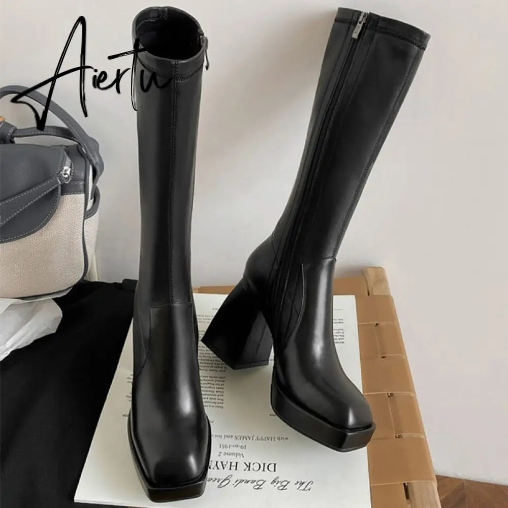 Aiertu Fashion Female Super High Heels Long Boots PU Leather Zipper Shoes New Autumn Women Pumps Ladies Knee High Motorcycle Boots Aiertu