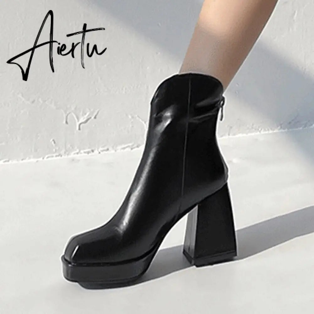 Aiertu Fashion Female Super High Heels Long Boots PU Leather Zipper Shoes New Autumn Women Pumps Ladies Knee High Motorcycle Boots Aiertu