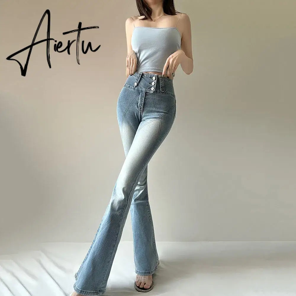 Aiertu Fashion Flare Jeans For Women Skinny Bell Bottom High Waist Jean Pants Woman Spring Summer Multi Button Lady Sexy Denim Trousers Aiertu