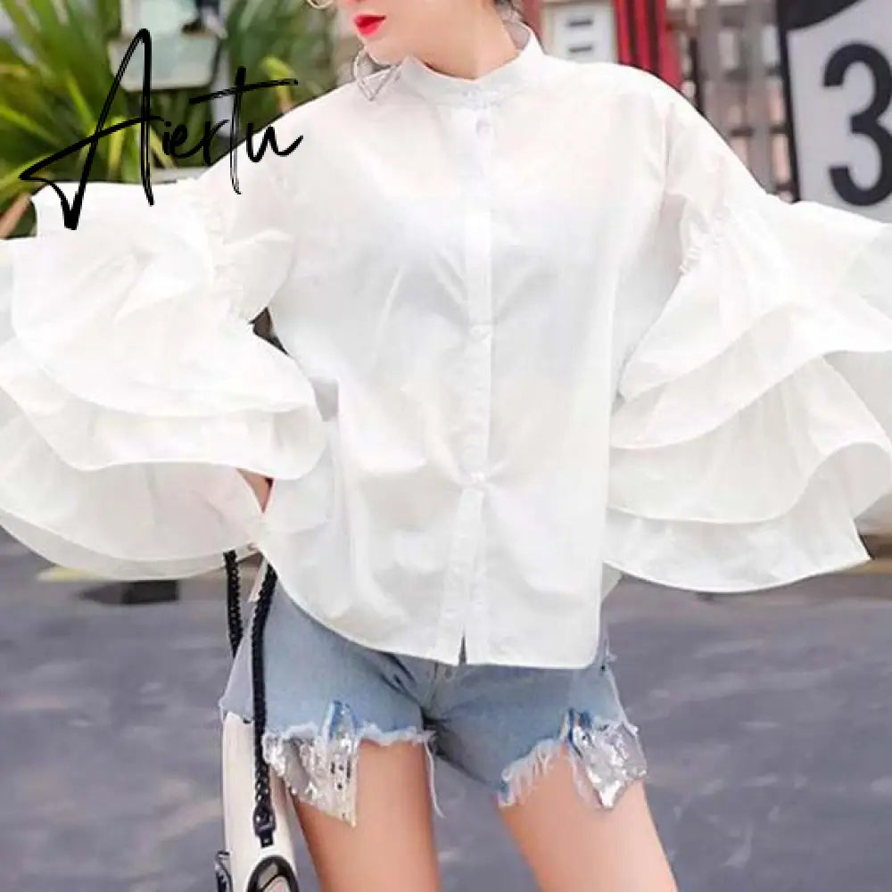 Aiertu Fashion Flare Sleeve Women Blouses Autumn Ruffled Shirt Casual Long Sleeve Tops Buttons Elegant Party Office Blusas Aiertu