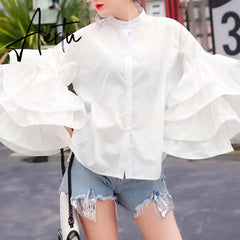 Aiertu Fashion Flare Sleeve Women Blouses Autumn Ruffled Shirt Casual Long Sleeve Tops Buttons Elegant Party Office Blusas Aiertu