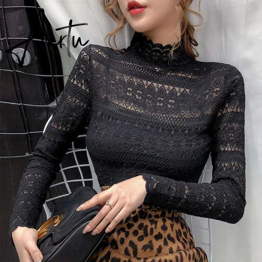 Aiertu Fashion Floral Embroidery Lace Blouses Women Spring Summer Sexy See-through Streetwear Tops Ladies Casual Long Sleeve shirts Aiertu
