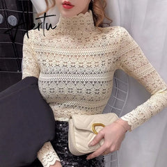 Aiertu Fashion Floral Embroidery Lace Blouses Women Spring Summer Sexy See-through Streetwear Tops Ladies Casual Long Sleeve shirts Aiertu