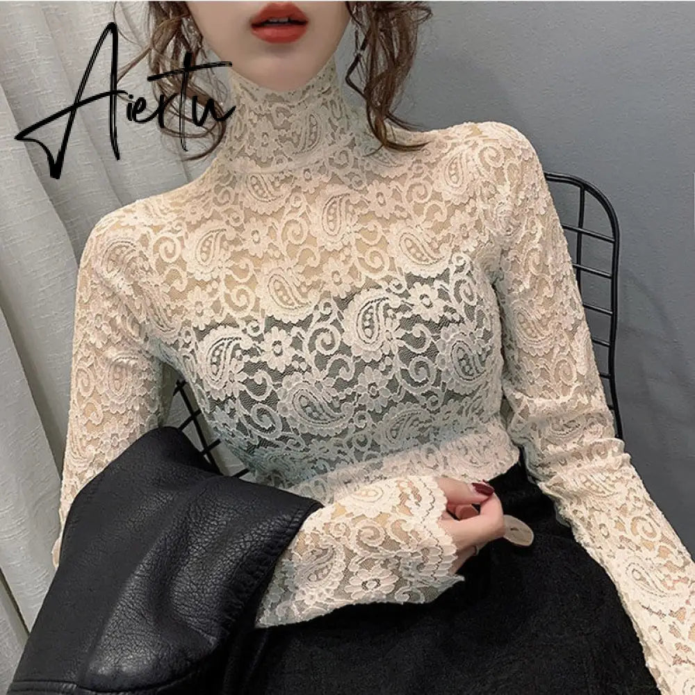 Aiertu Fashion Floral Embroidery Lace Blouses Women Spring Summer Sexy See-through Streetwear Tops Ladies Casual Long Sleeve shirts Aiertu