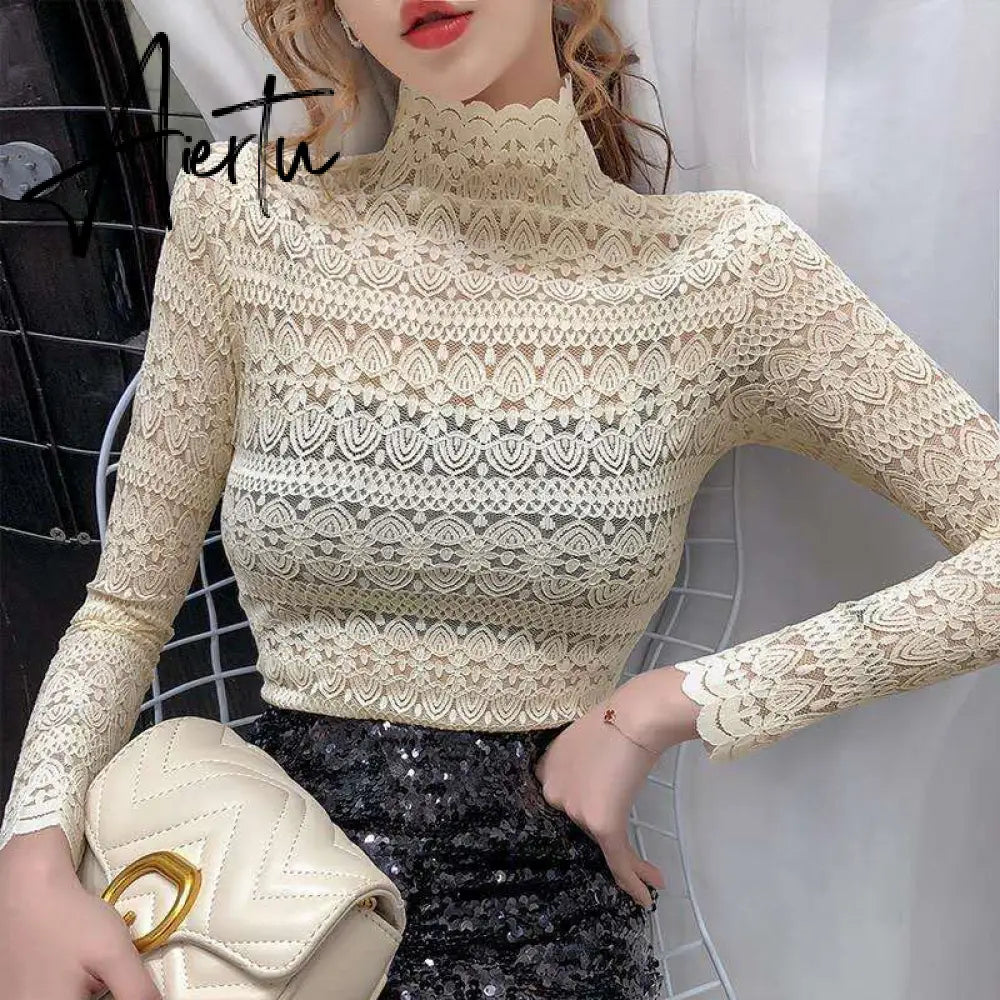 Aiertu Fashion Floral Embroidery Lace Blouses Women Spring Summer Sexy See-through Streetwear Tops Ladies Casual Long Sleeve shirts Aiertu