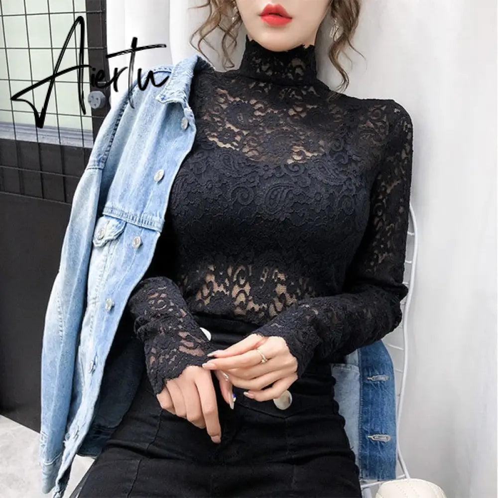 Aiertu Fashion Floral Embroidery Lace Blouses Women Spring Summer Sexy See-through Streetwear Tops Ladies Casual Long Sleeve shirts Aiertu