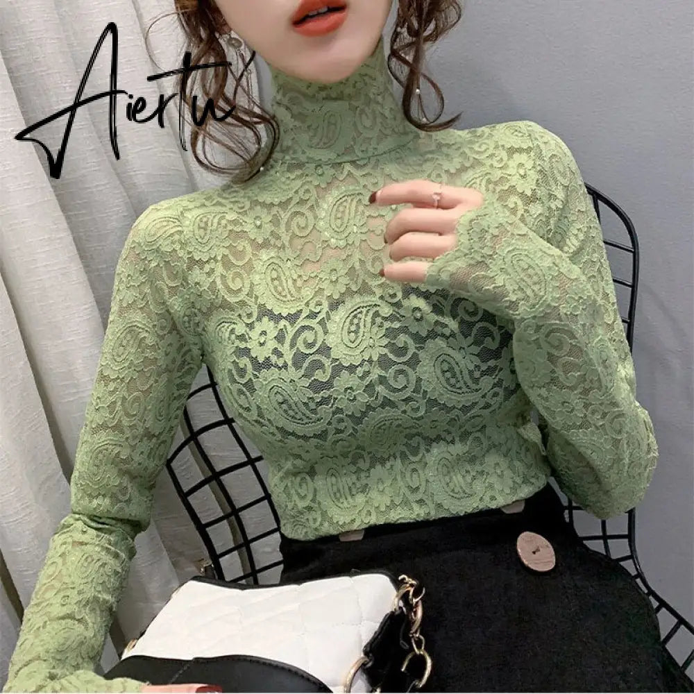 Aiertu Fashion Floral Embroidery Lace Blouses Women Spring Summer Sexy See-through Streetwear Tops Ladies Casual Long Sleeve shirts Aiertu