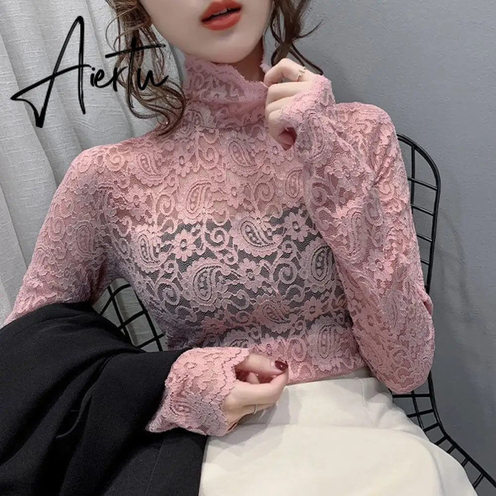 Aiertu Fashion Floral Embroidery Lace Blouses Women Spring Summer Sexy See-through Streetwear Tops Ladies Casual Long Sleeve shirts Aiertu