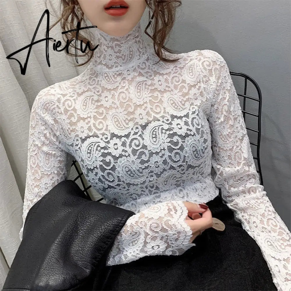 Aiertu Fashion Floral Embroidery Lace Blouses Women Spring Summer Sexy See-through Streetwear Tops Ladies Casual Long Sleeve shirts Aiertu