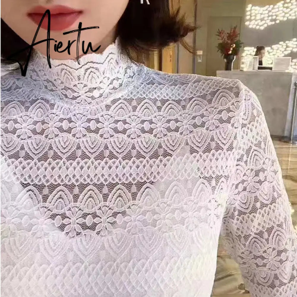 Aiertu Fashion Floral Embroidery Lace Blouses Women Spring Summer Sexy See-through Streetwear Tops Ladies Casual Long Sleeve shirts Aiertu