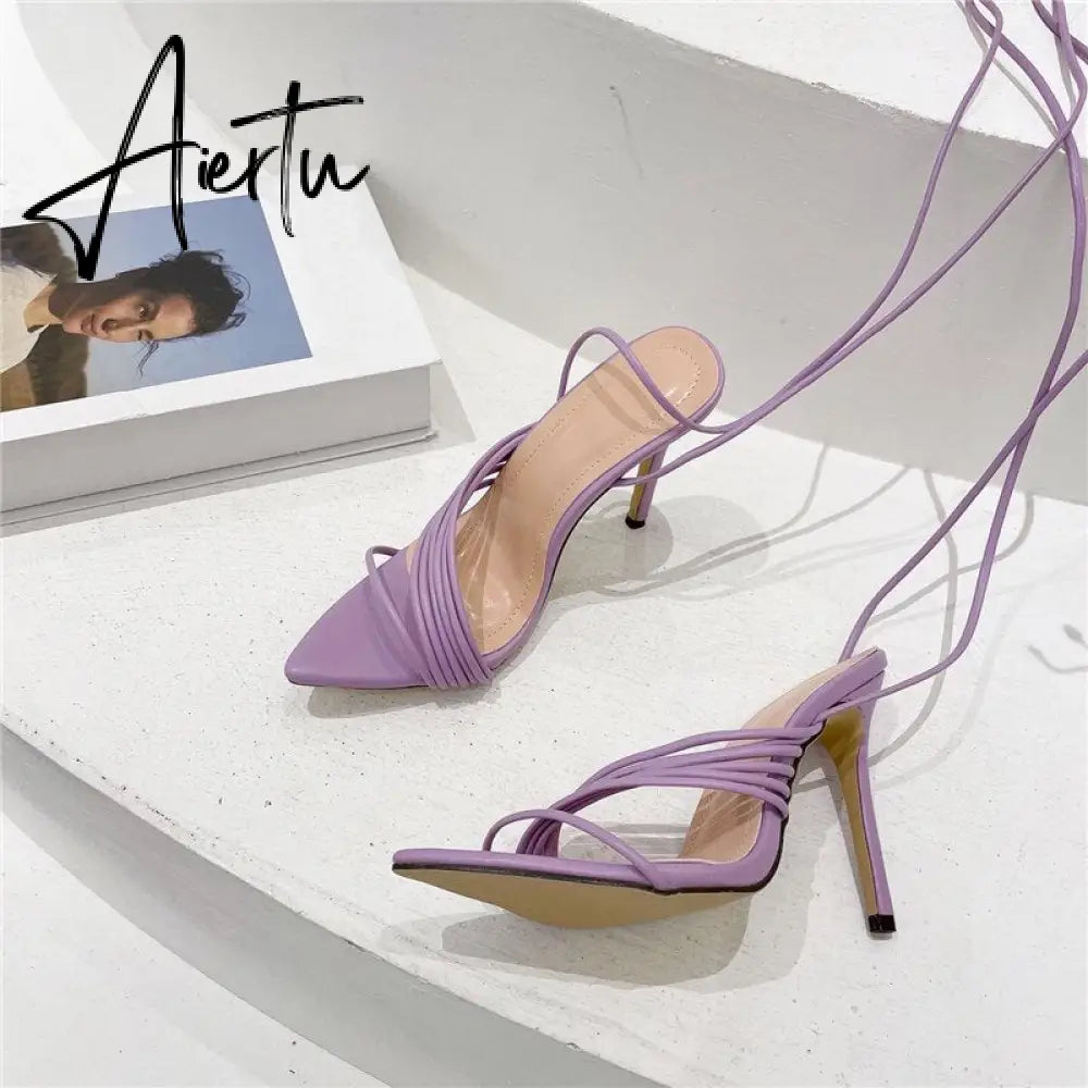 Aiertu Fashion Gladiator Sandals Ankle Strap High Heel  Women Summer Party High Heel  Rope Purple Sandals Aiertu