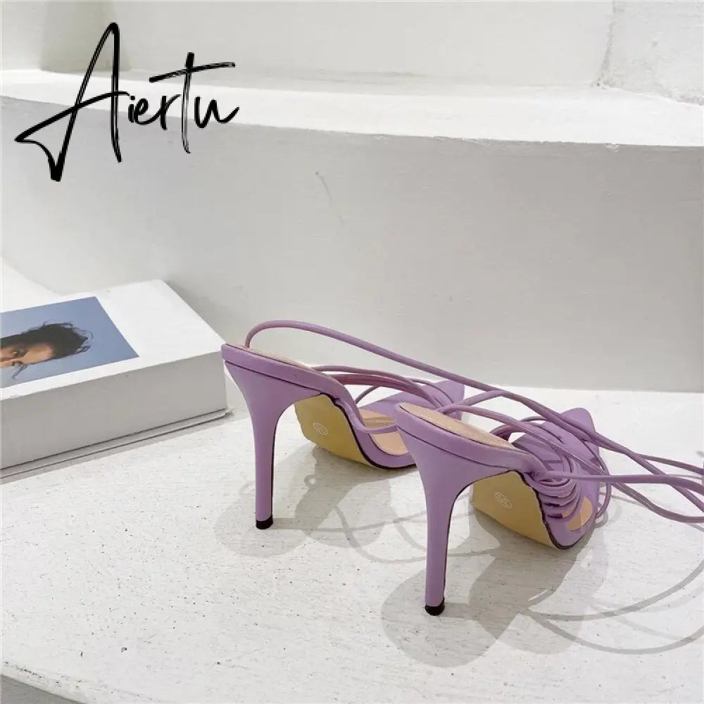 Aiertu Fashion Gladiator Sandals Ankle Strap High Heel  Women Summer Party High Heel  Rope Purple Sandals Aiertu
