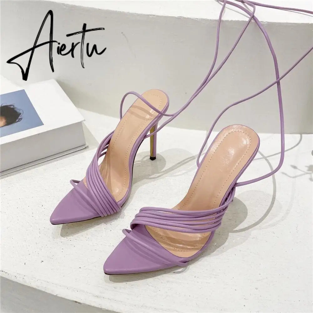 Aiertu Fashion Gladiator Sandals Ankle Strap High Heel  Women Summer Party High Heel  Rope Purple Sandals Aiertu