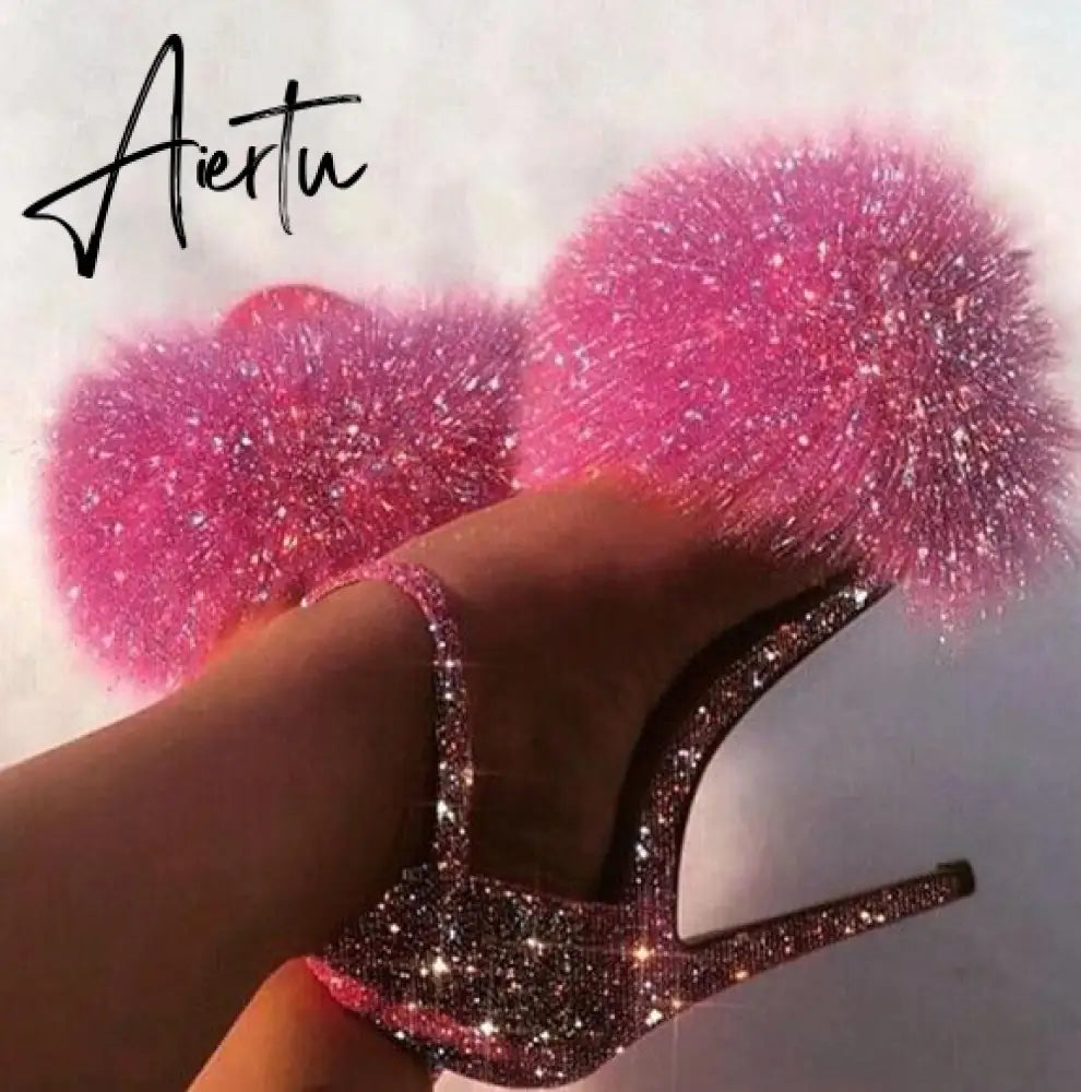 Aiertu Fashion Glitter Heels Designers Summer Shoes Women Stiletto Sandalen Open Toe Fluff Strappy Thin High Heels Fur Sandals Aiertu