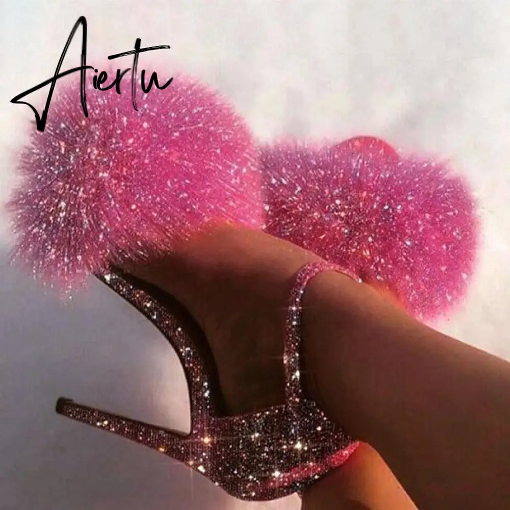 Aiertu Fashion Glitter Heels Designers Summer Shoes Women Stiletto Sandalen Open Toe Fluff Strappy Thin High Heels Fur Sandals Aiertu