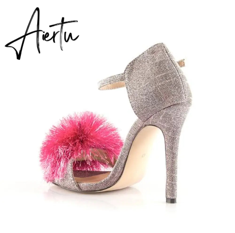 Aiertu Fashion Glitter Heels Designers Summer Shoes Women Stiletto Sandalen Open Toe Fluff Strappy Thin High Heels Fur Sandals Aiertu