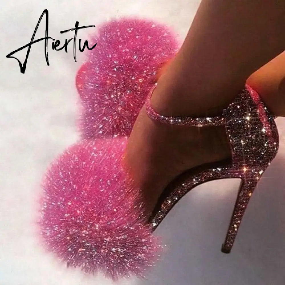 Aiertu Fashion Glitter Heels Designers Summer Shoes Women Stiletto Sandalen Open Toe Fluff Strappy Thin High Heels Fur Sandals Aiertu