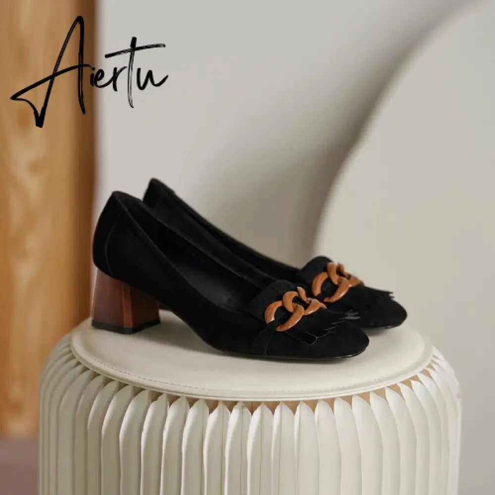 Aiertu  Fashion Newest Women Shoes Spring Thick Heels Pumps for Women Genuine Leather Kid Suede Office Lady Party Shoes for Women Aiertu