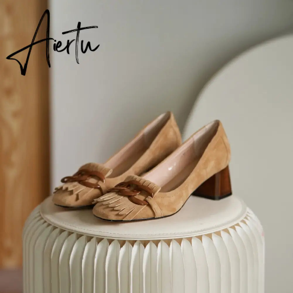 Aiertu  Fashion Newest Women Shoes Spring Thick Heels Pumps for Women Genuine Leather Kid Suede Office Lady Party Shoes for Women Aiertu