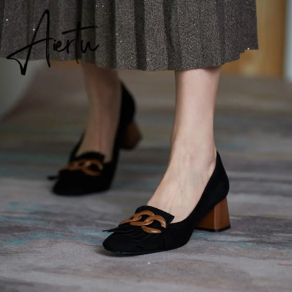 Aiertu  Fashion Newest Women Shoes Spring Thick Heels Pumps for Women Genuine Leather Kid Suede Office Lady Party Shoes for Women Aiertu