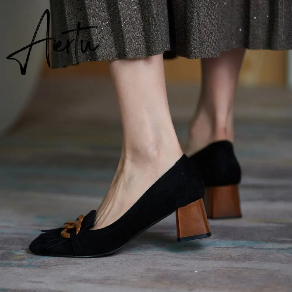 Aiertu  Fashion Newest Women Shoes Spring Thick Heels Pumps for Women Genuine Leather Kid Suede Office Lady Party Shoes for Women Aiertu