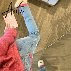 Aiertu Fashion Pink Line Contrast Color Jeans Spring Autumn Chic Denim Trousers Ladies Sweet Slim Wide-leg High Waist Women's Pants Aiertu