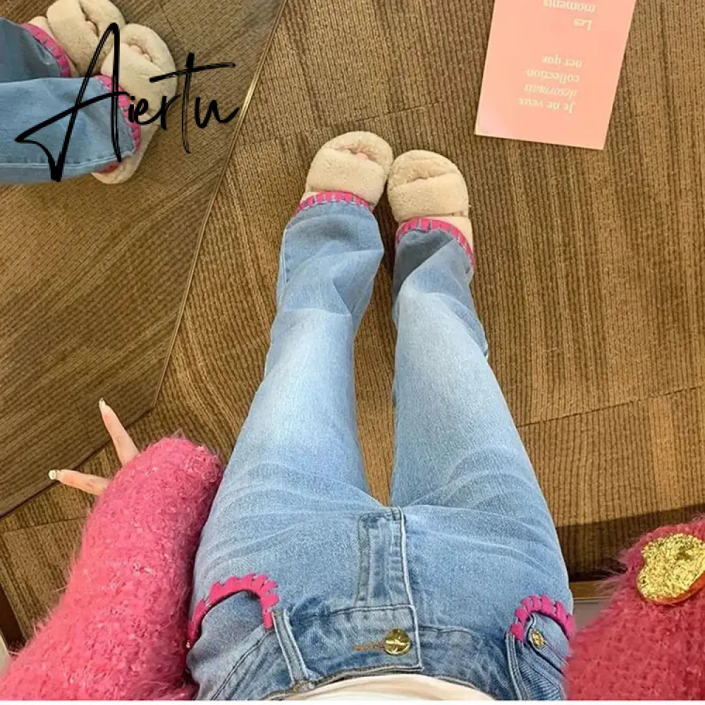 Aiertu Fashion Pink Line Contrast Color Jeans Spring Autumn Chic Denim Trousers Ladies Sweet Slim Wide-leg High Waist Women's Pants Aiertu