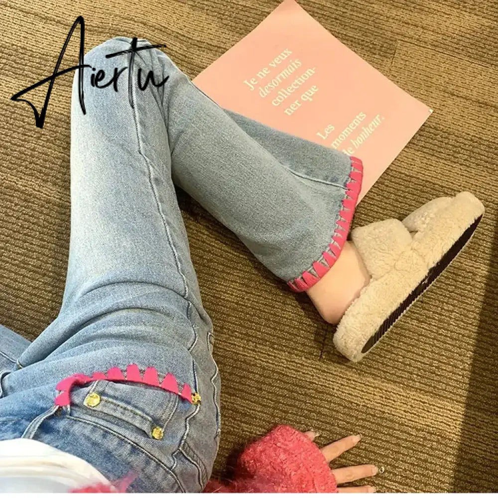 Aiertu Fashion Pink Line Contrast Color Jeans Spring Autumn Chic Denim Trousers Ladies Sweet Slim Wide-leg High Waist Women's Pants Aiertu