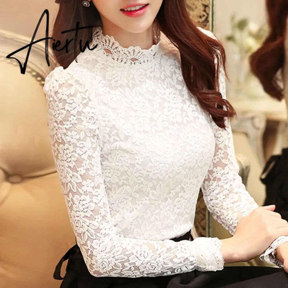 Aiertu Fashion Plus Size Lace Crocheted Hollow Out Top Stand-up Collar White Blouse Woman Sweet Long Sleeve Shirts Blusas 1695 Aiertu