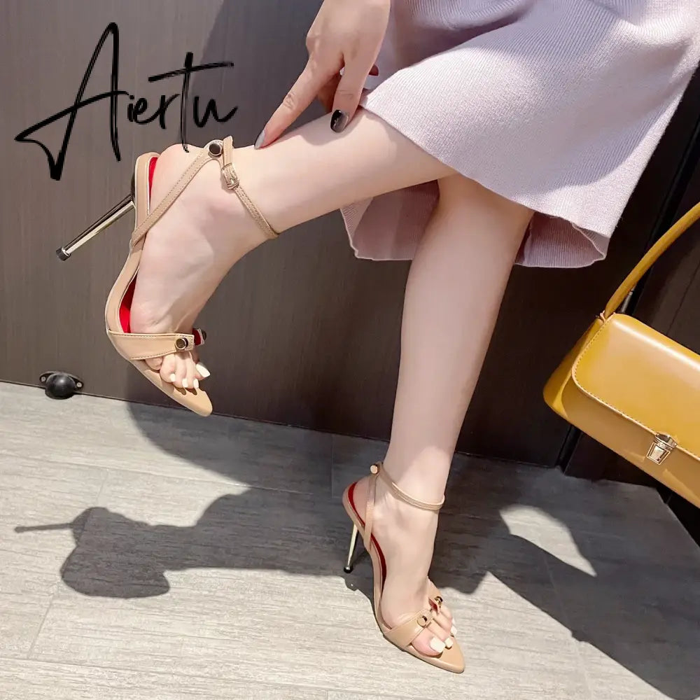 Aiertu  Fashion Pointed Toe High Heels Designer Sandals Thin Heel Metal T-Head Rivet Stripe Narrow Band Ankle Strap Sandalia Aiertu