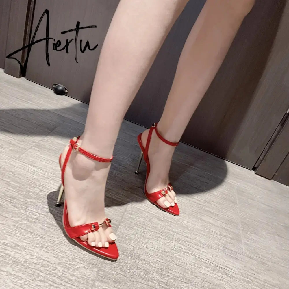 Aiertu  Fashion Pointed Toe High Heels Designer Sandals Thin Heel Metal T-Head Rivet Stripe Narrow Band Ankle Strap Sandalia Aiertu